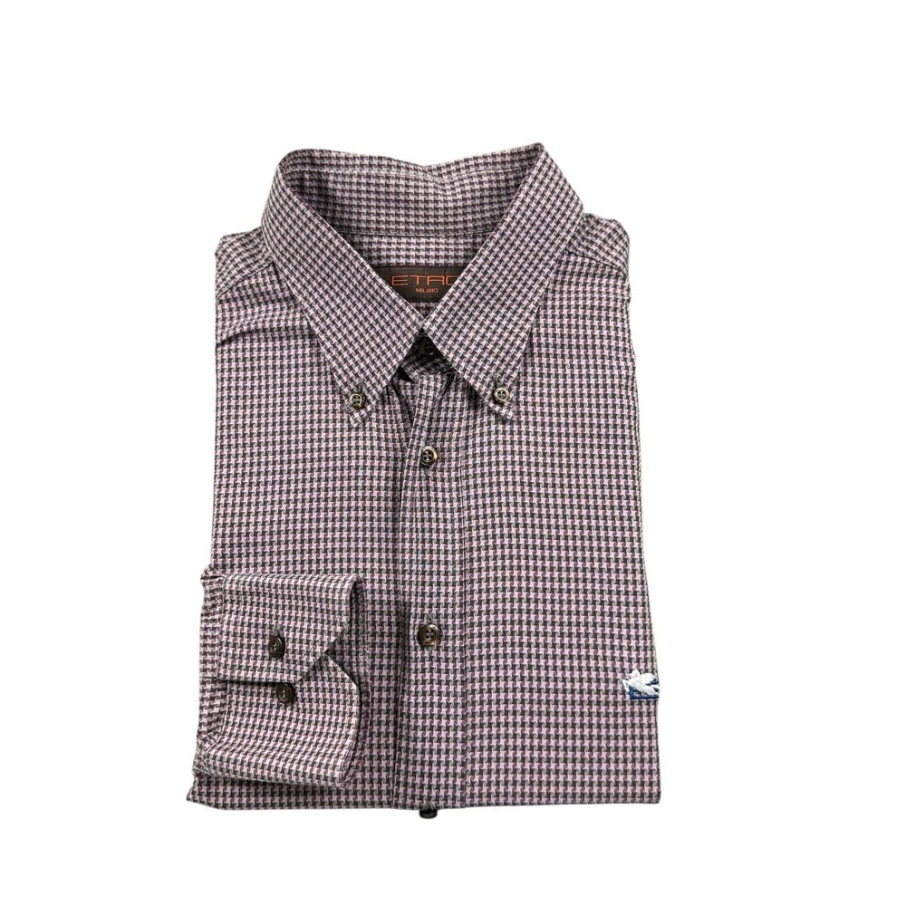 Etro Milano Purple Gray Geometric Logo L/S Cotton Mens Button Front Size 41